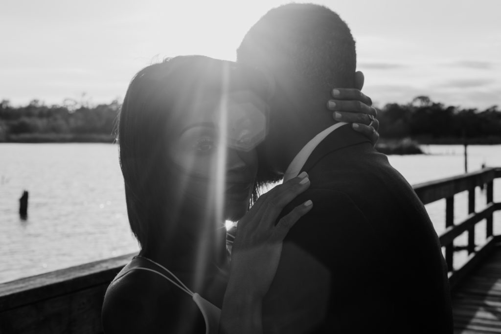 Black and white photo of an Engagement Session. Engagement Session photographed at Bay Area Park in houston. Texas